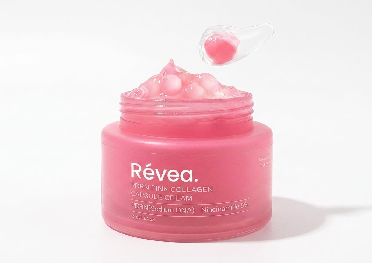 Salmon PDRN Cream — pink jar with capsules and applicator