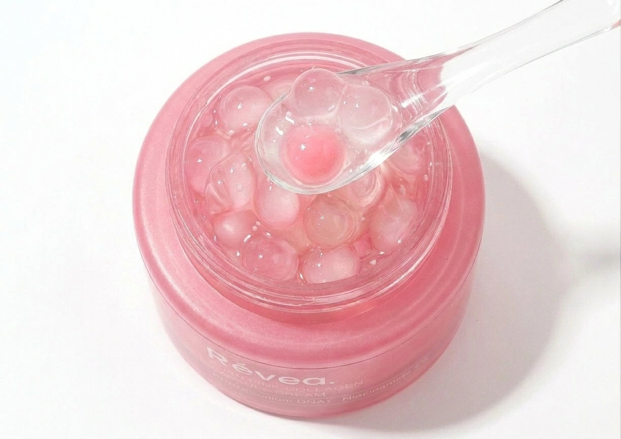 Salmon PDRN Cream — top-down view of pink capsules in clear gel