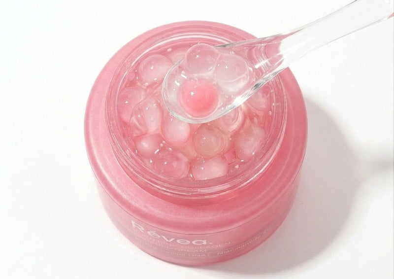 Salmon PDRN Cream — top-down view of pink capsules in clear gel
