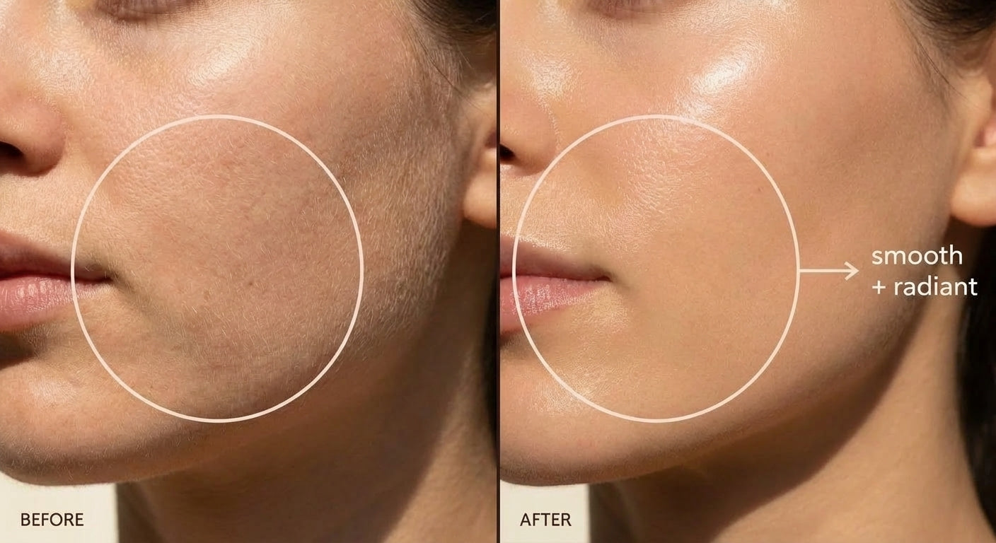 Jawline before and after dermaplaning - smooth and radiant